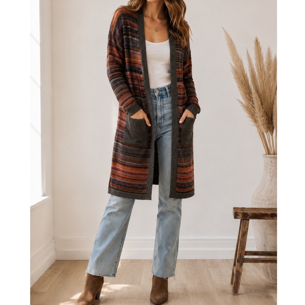 Mystree Cardigan Duster Sweater M Multi-Color Striped Longline Western Boho